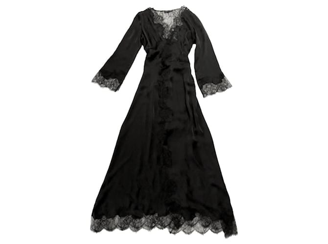 Carine Gilson black silk & lace wrap maxi robe  ref.467100