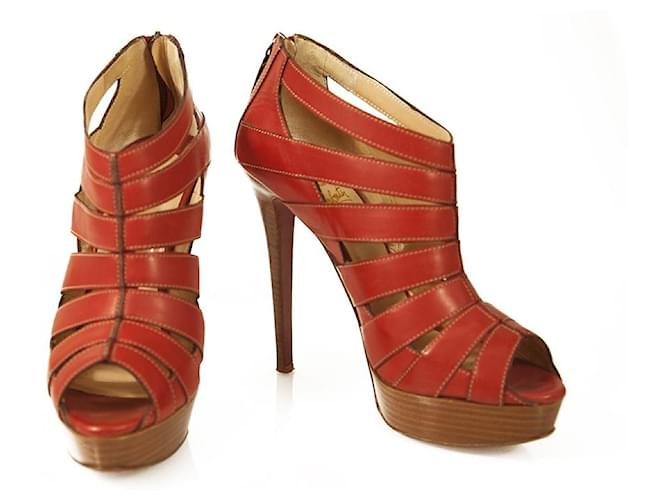 Christian Louboutin Red Leather Pique Cire 140 Ankle Strappy Booties Size 40  ref.467239