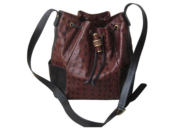 Borsa a secchiello Rodo in pelle stampata caimano nero cioccolato Marrone Castagno