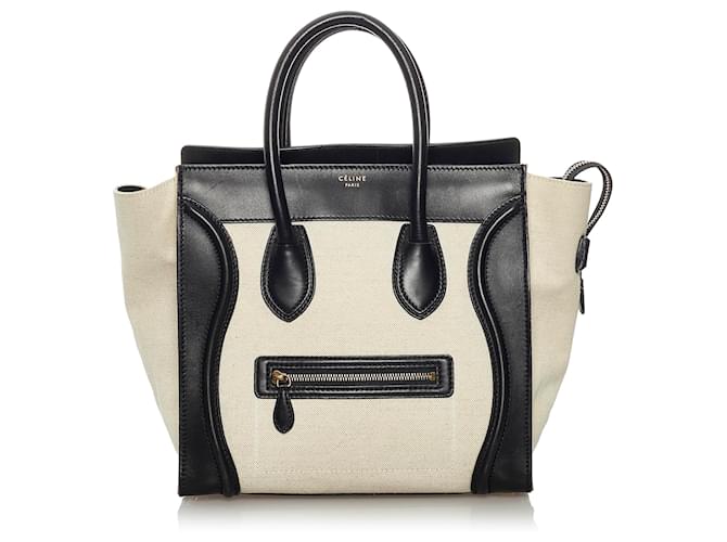 C line Celine White Luggage Tote Canvas and Leather Handbag Black