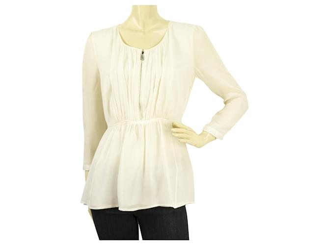 Burberry Cream Zipper Front Fitted Waist Long Sleeve Blouse Top size UK 8, US 6 White Cotton  ref.468086
