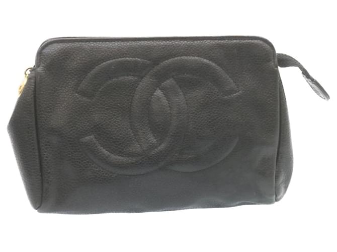 CHANEL Caviar Skin Cosmetic Pouch Leather Black CC Auth 28481 ref