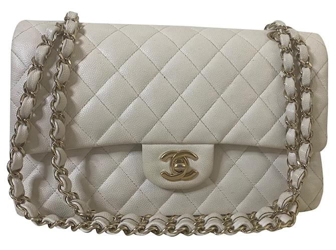 Chanel Caviar Jumbo Single Flap Bag Blanco Cuero  ref.468873