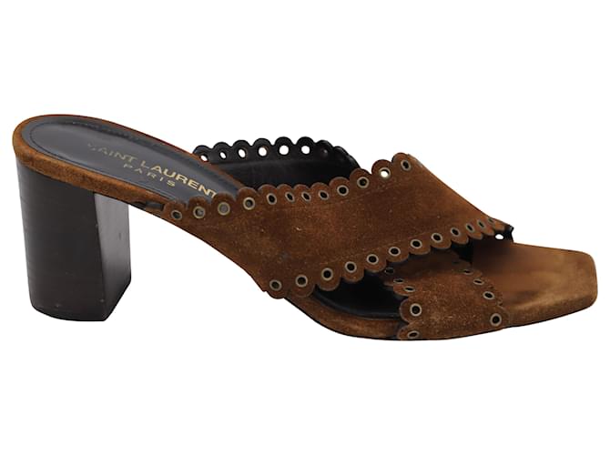 Saint Laurent Loulou Scalloped Sandals in Brown Suede  ref.469153
