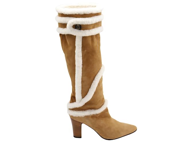 Manolo Blahnik Cluntius Shearling-Trimmed Knee Boots in Brown Suede Beige  ref.469157