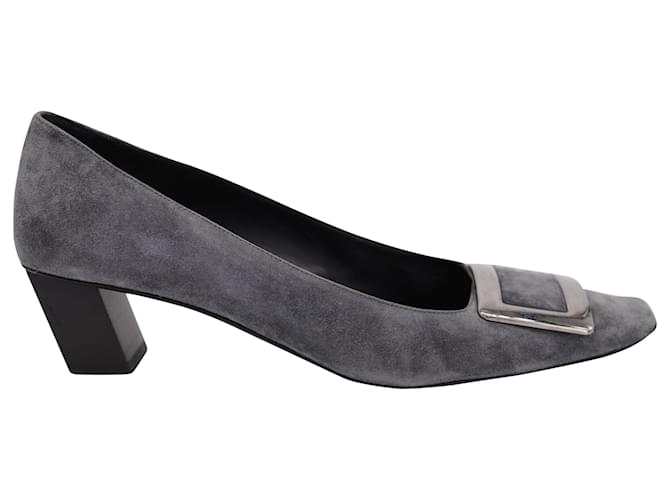 Roger Vivier Square Toe Heels with Buckle Detail in Grey Suede  ref.469303