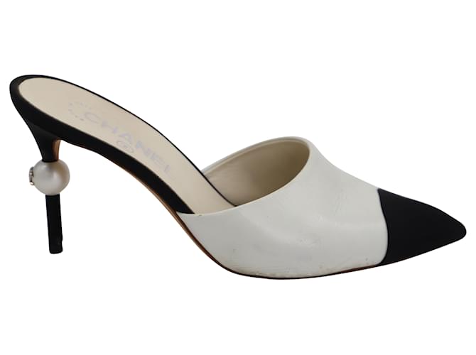 Chanel Cap Toe Mules with Pearl-Embedded Heels in White Leather