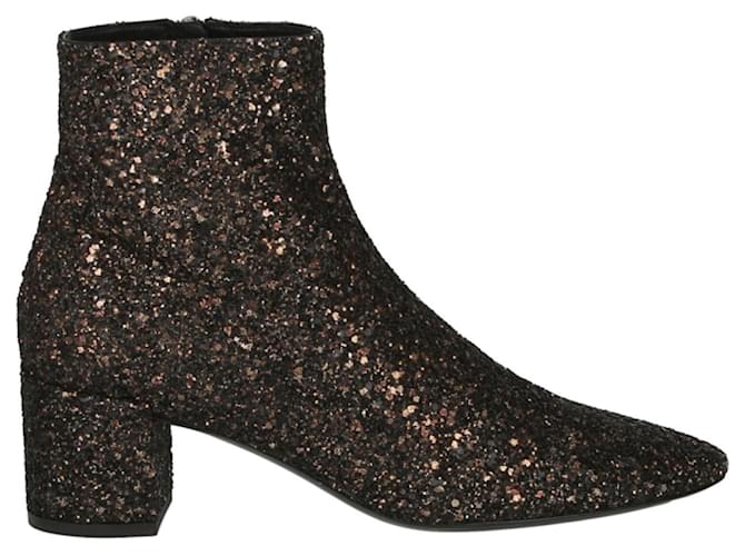 Saint Laurent Lou Lou Glittered Ankle Boots Black Leather Pony-style calfskin  ref.469483