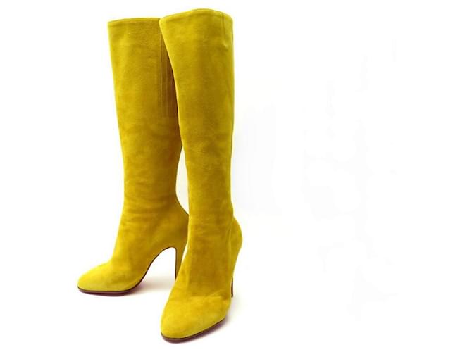 NEW CHRISTIAN LOUBOUTIN SHOES 38 BOOTS WITH HEELS YELLOW SUEDE BOOTS  ref.470847