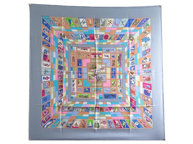 Hermès HERMES CORRISPONDENZA CATHY LATHAM CARRE SCIARPA 90 SETA SCIARPA IN SETA BLU