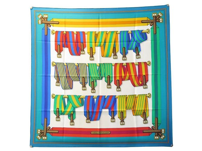 Hermès NUOVA SCIARPA HERMES LES SANGLES DI JOACHIM METZ CARE 90 Sciarpa seta Blu