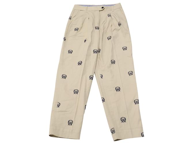 Autre Marque Gant High-Waisted Crest Embroidery Pleated Chinos in Beige Print Cotton  ref.471339