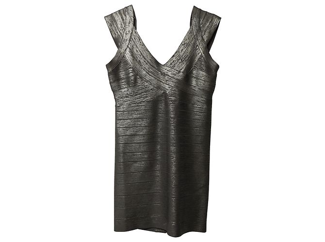 Herve Leger Criss Cross Foil Mini Dress in Silver Rayon Silvery Metallic
