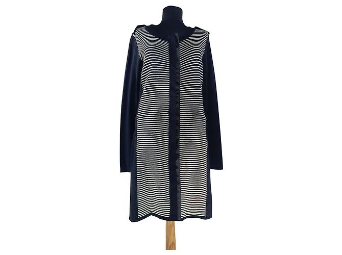 Adolfo Dominguez Lange Strickjacke Gestreift Schwarz Weiß Baumwolle