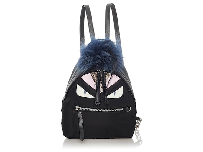 Fendi Black Monster Nylon Backpack White Leather Pony style calfskin Cloth ref.472138 Joli Closet