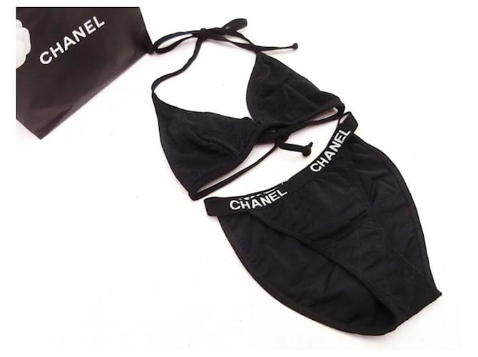 [Usato] Costumi da bagno bikini CHANEL Super Rari con logo Matasse Nero Nylon  ref.472279