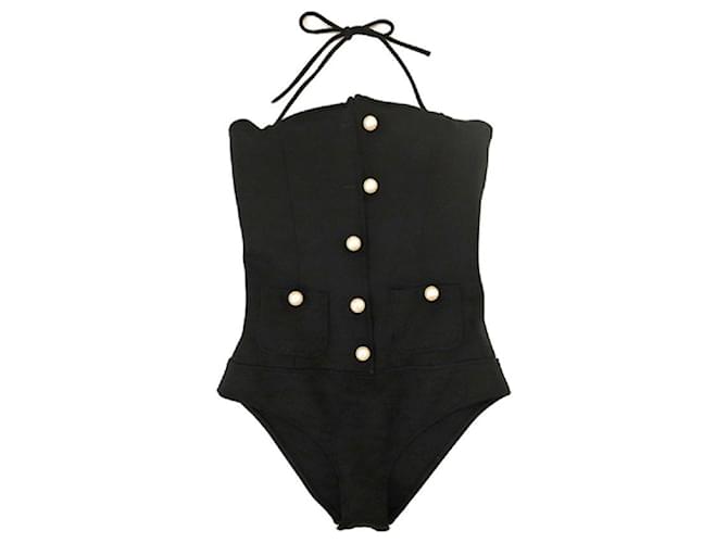 [Used] CHANEL Swimsuit One Piece Swimming Suit Rayon Polyester Black Swimming Wear Pearl Button  ref.472280