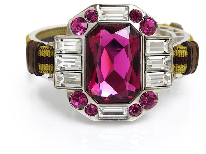 [Used] Prada PRADA Crystal Bijoux Color Stone Rubber Bracelet Bangle Pink Yellow Ladies Silvery  ref.473297