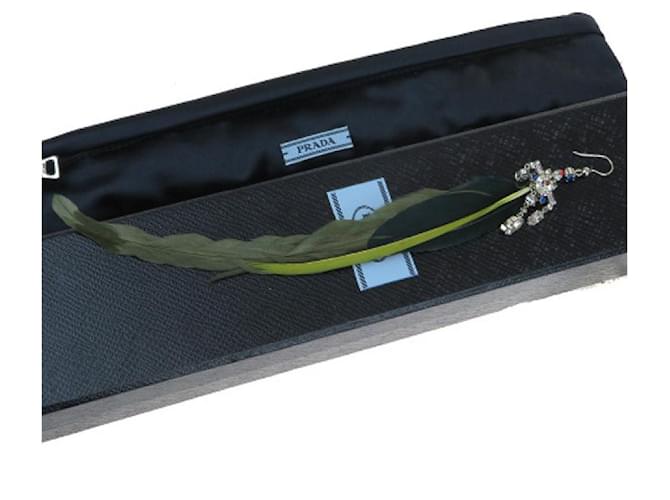 [Used] Prada PRADA pierced earrings rhinestone silver green feather metal case with storage box Silvery  ref.473308