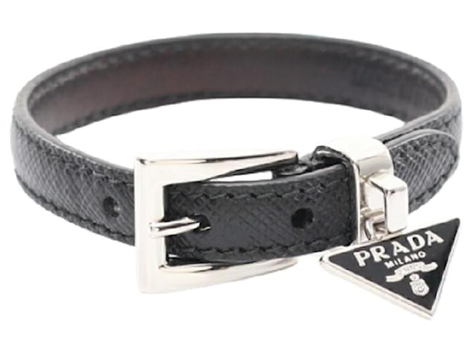 Used] Prada PRADA Bracelet Saffiano Leather Black Silver Triangle Plate  1IB351 Silvery Metal  - Joli Closet