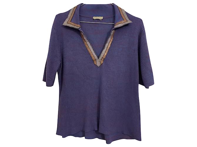 Bottega Veneta Purple Cropped Ribbed Knit Top woth Snakeskin Collar Silk Viscose Exotic leather  ref.474214