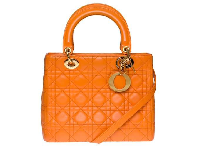 Christian Dior Borsa a tracolla Dior Lady Dior MM molto chic in pelle cannage arancione, garniture en métal doré  ref.474236