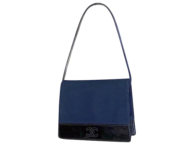 Chanel vintage 1990s bolsa de ombro em jersey marinho e couro envernizado preto Azul Algodão  ref.474241