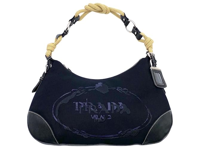 Prada cruise vintage bag in black canvas with rope handle & blue embroidery  Cloth  - Joli Closet