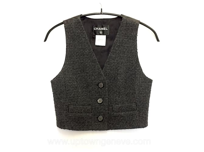 Chaleco Chanel en lana gris y cuero negro  ref.474357