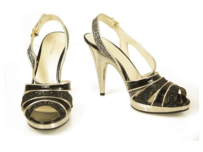 Miu Miu Black Glitter Gold Tone Trim  Silver High Heel Strappy Sandals Shoes 40 Leather  ref.475065