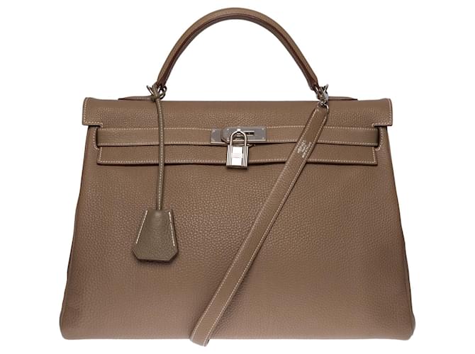 Hermès Splendid Hermes Kelly handbag 40 turned shoulder strap in etoupe Togo leather with white stitching , palladium silver metal trim Grey  ref.475130