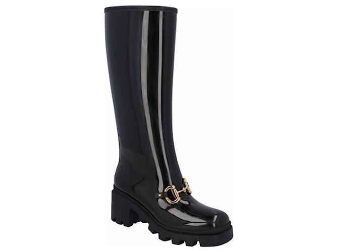 Gucci Women Knee-High Rubber Boot With Horsebit In Black Leather  ref.475268