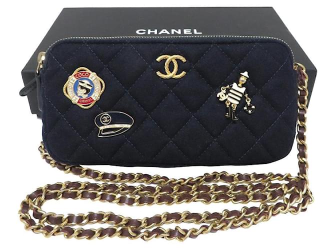 Used] Chanel bag suede navy chain wallet Coco mark ladies Navy