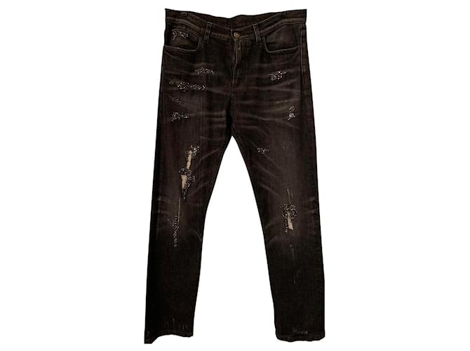 Jean en denim vieilli Gucci avec étude et broderie de cristaux Noir  ref.476186