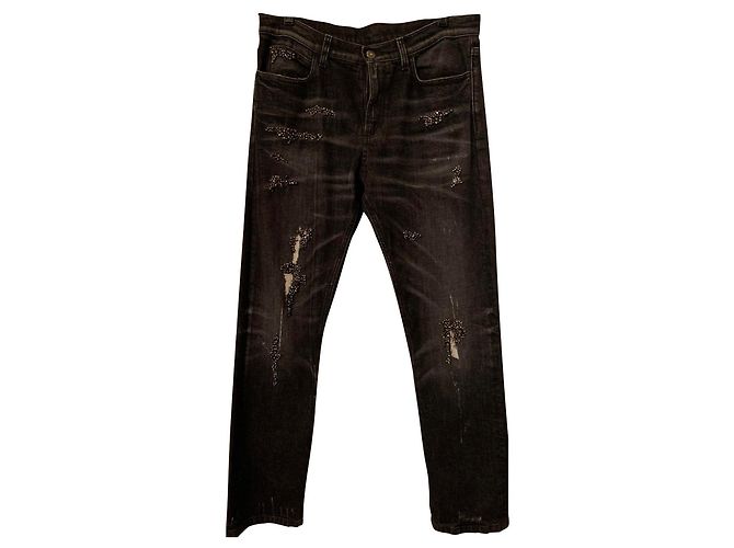 Calça jeans desgastada Gucci com bordado de cristal e estudo