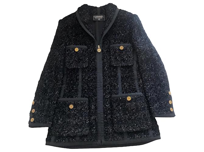 Veste Chanel noire zippée en lurex Tweed  ref.476194