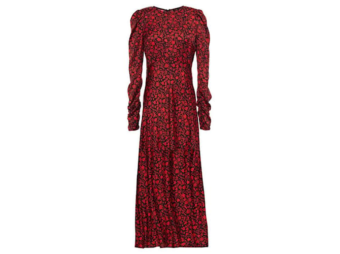 Maje Red & Black Ruched Floral Print Midi Dress Viscose  ref.477288