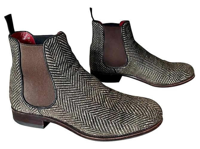 Autre Marque elastic and Tweed Carmina boots - Unique pair made to special order Red Eggshell Dark brown Leather  ref.477343