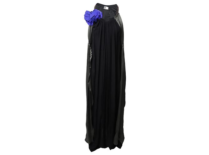 Lanvin Abendkleid mit Blumenapplikationen aus schwarzer Seide