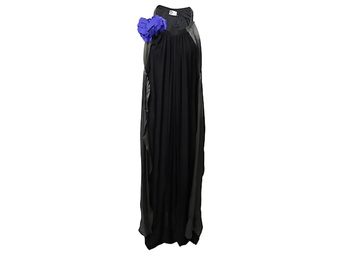 Lanvin Flower Applique Vestido de Noite em seda preta Preto  ref.477675