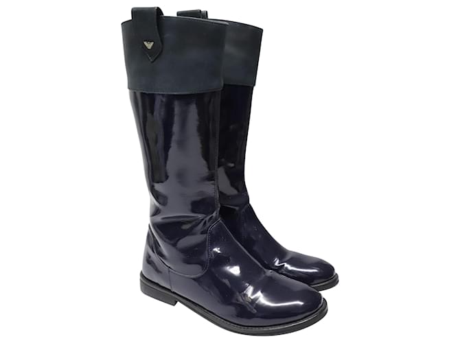 Armani Knee Boots in Navy Blue Leather Patent leather  ref.477723
