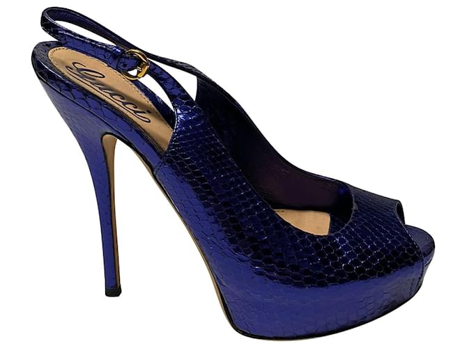 Sandálias Peeptoe com plataforma Gucci Sofia 130 em couro azul Python  ref.477744