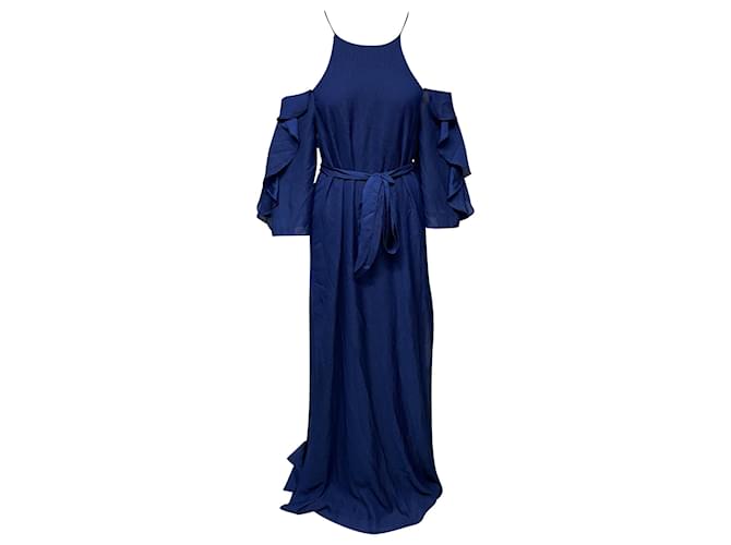 Halston Heritage Halston Seersucker Ruffled long dress with Belt in Blue Polyester  ref.477763