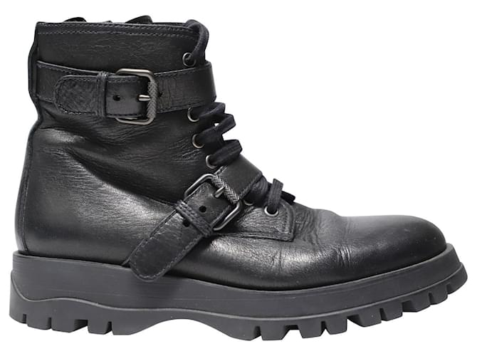 Prada Combat Style Ankle Boots in Black Leather  ref.477767