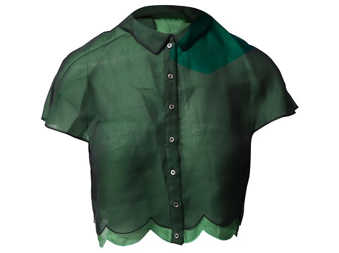 Chloé Scallop Crop Bluse aus grüner Seide
