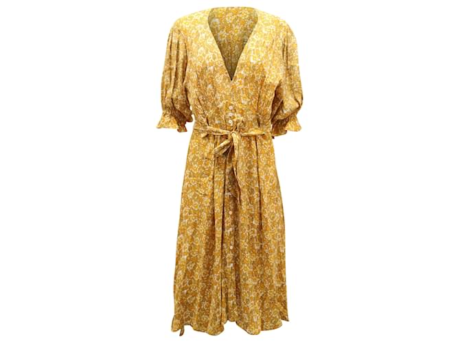 Faithfull The Brand - Robe mi-longue nouée à la taille à imprimé fleuri en rayonne jaune Fibre de cellulose  ref.477809