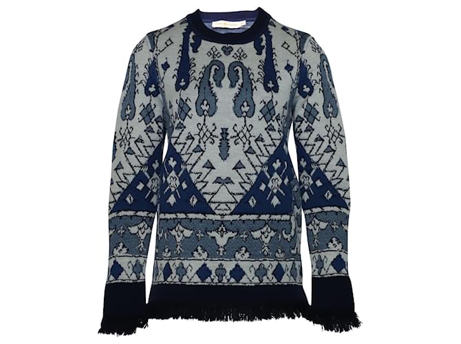 Tory Burch Tapestry Jacquard Sweater in Blue Print Wool  - Joli  Closet