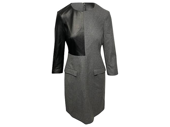 Alexander McQueen Midi Dress with Leather Detail in Grey Wool  ref.477842