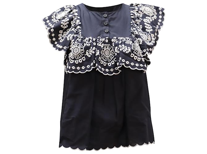 Sea New York Ruffled Broderie Anglaise Blouse in Navy Blue Cotton  ref.477858