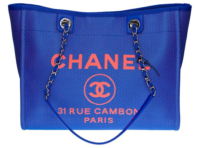 Splendida borsa tote Chanel Deauville in tela blu elettrico e arancione fluo, Garniture en métal argenté  ref.478279